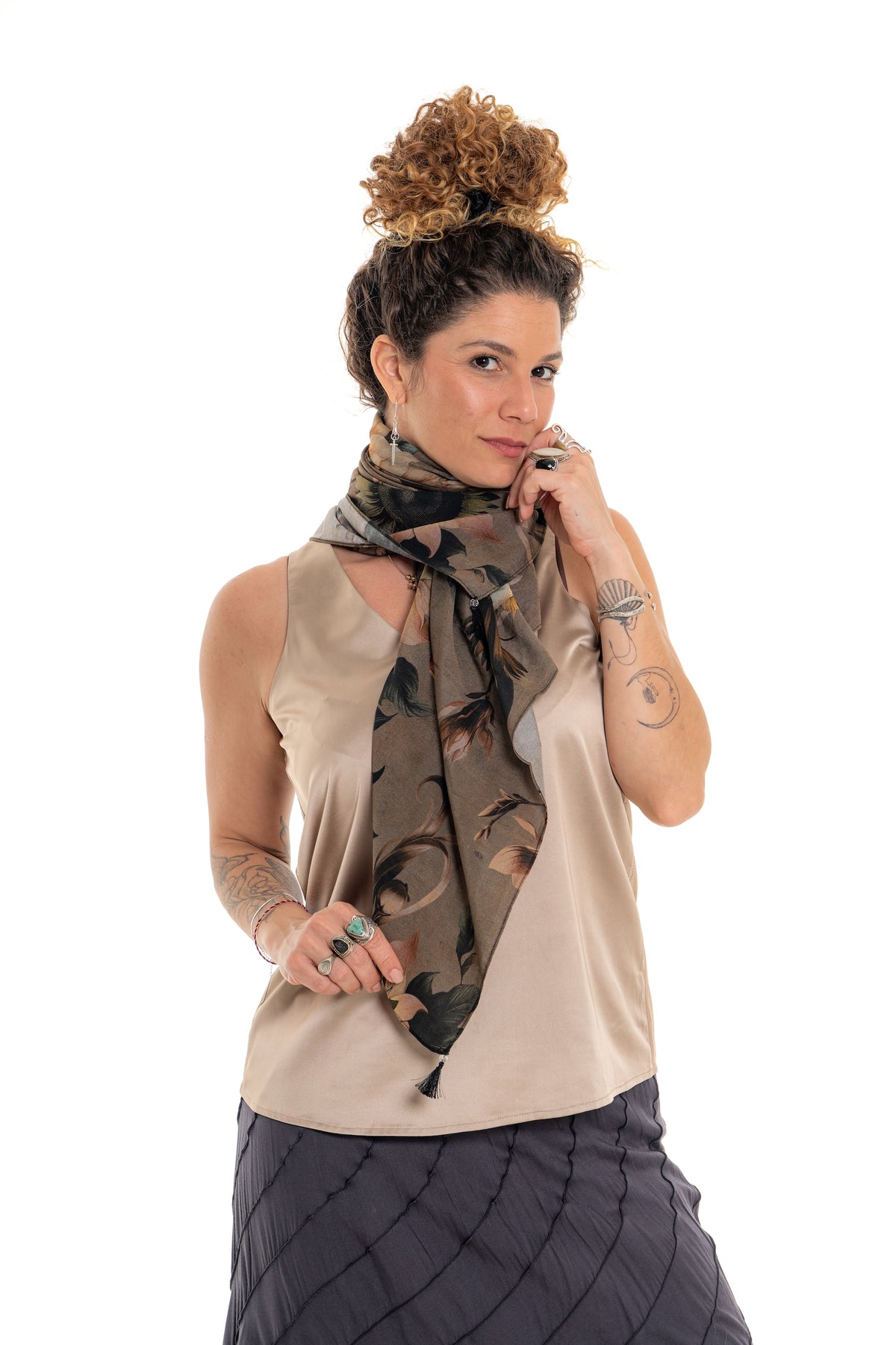Magnolia Scarf – generously sized botanical floral print scarf with tassel corners