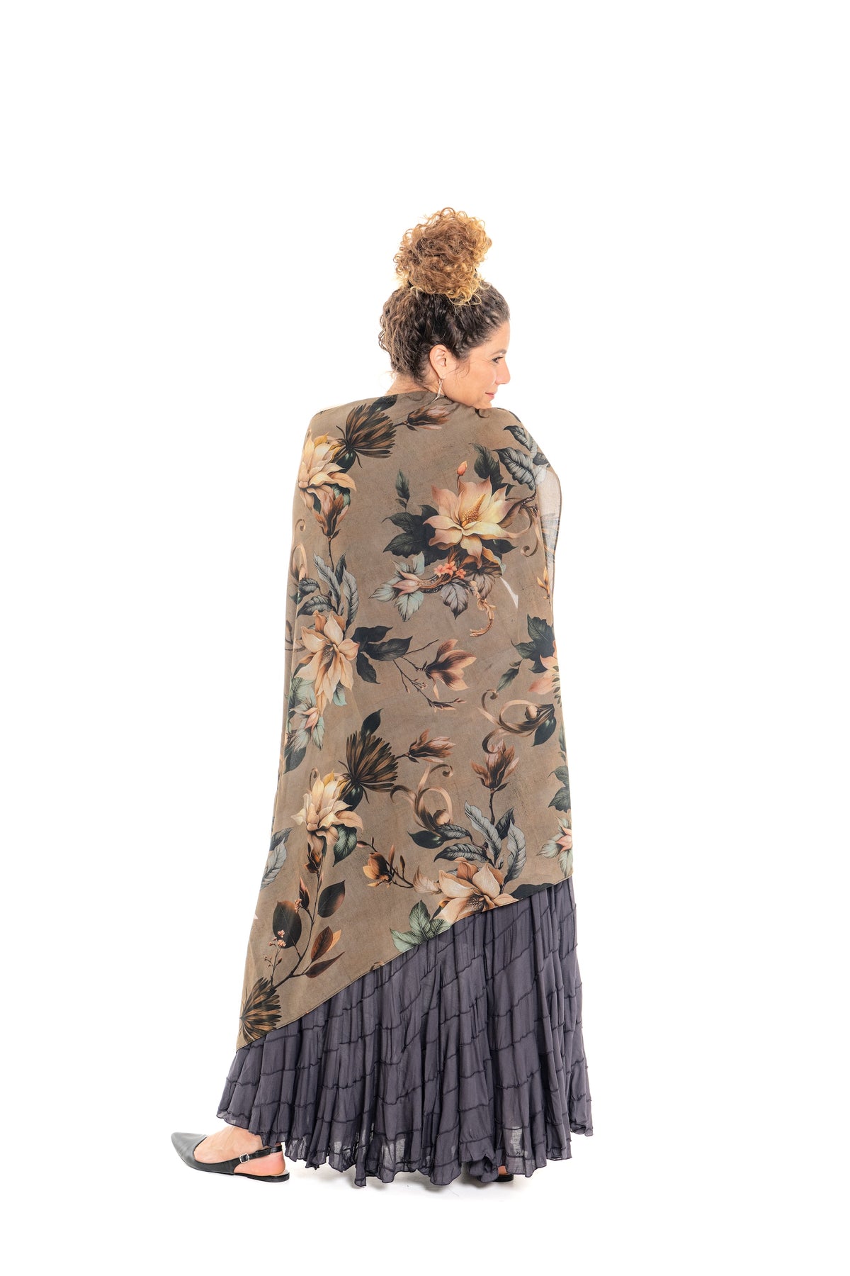 Magnolia Scarf – tied at the neck, botanical floral print in taupe, blush and teal