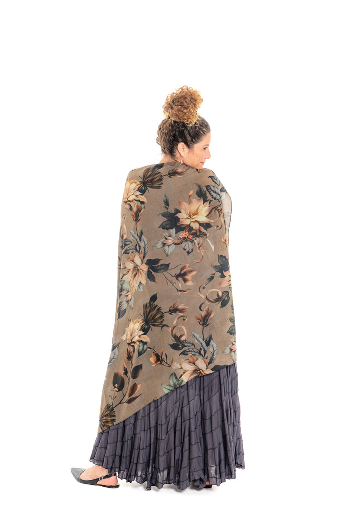 Magnolia Scarf – tied at the neck, botanical floral print in taupe, blush and teal