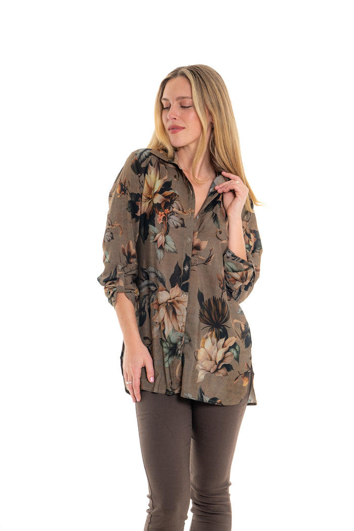 Magnolia Shirt – botanical floral print in taupe, blush and teal plaided viscose