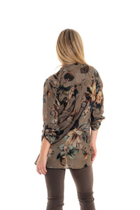 Magnolia Shirt – curved side vents and roll-tab sleeve detail, botanical floral print