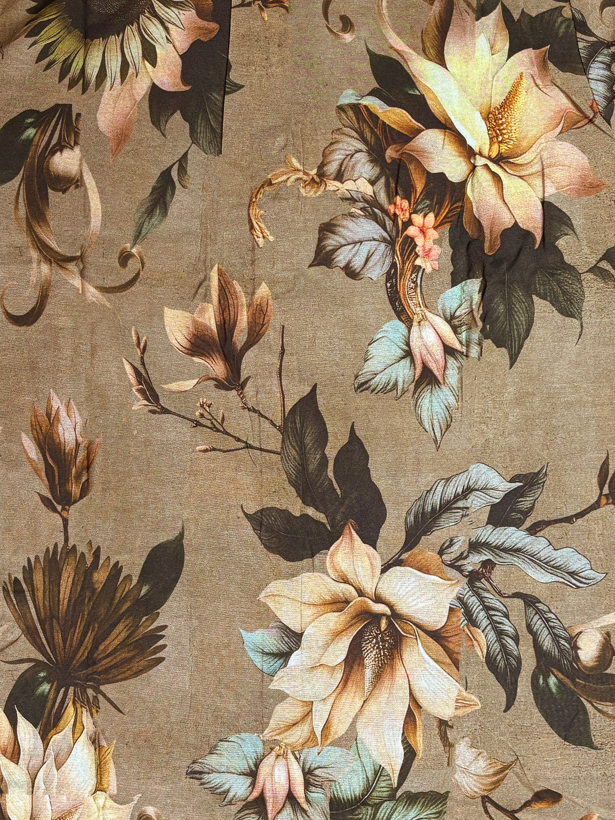 Magnolia collection – botanical floral print fabric swatch in taupe, blush and teal