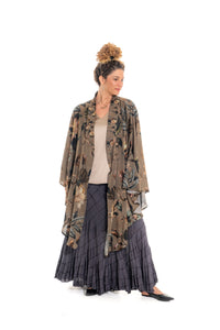 Magnolia Wrap – floor-length kimono in botanical floral plaided viscose, taupe and teal tones