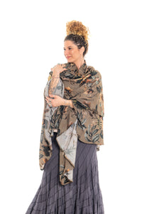Magnolia Wrap – worn open as a duster, botanical floral print in plaided viscose
