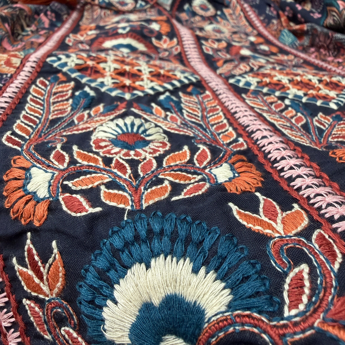 Close-up detail of Midnight Folk blouse embroidery on deep navy folk floral rayon with handcrafted artisan stitching - Cienna Designs