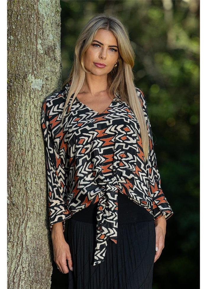 Cienna Designs Myee Collared Blouse in graphic tribal print, bold black terracotta and ivory contrast, silk-polyester — Myee Collared Blouse by Cienna Designs