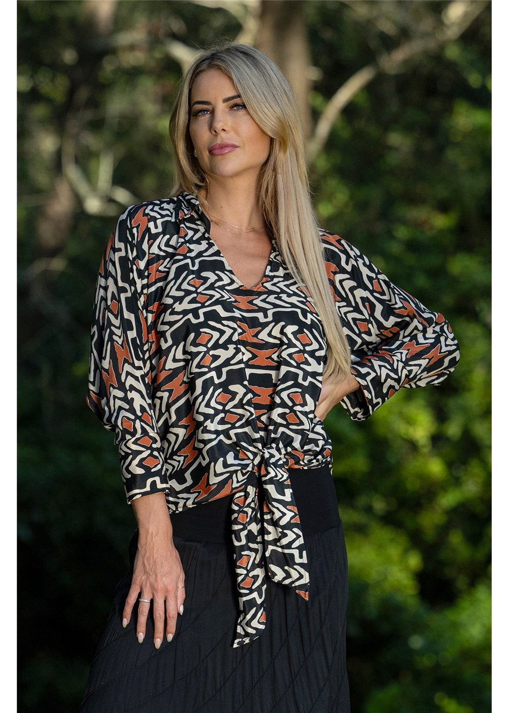 Myee Collared Blouse graphic tribal print styled with Myee collection pieces, black terracotta and ivory — Cienna Designs