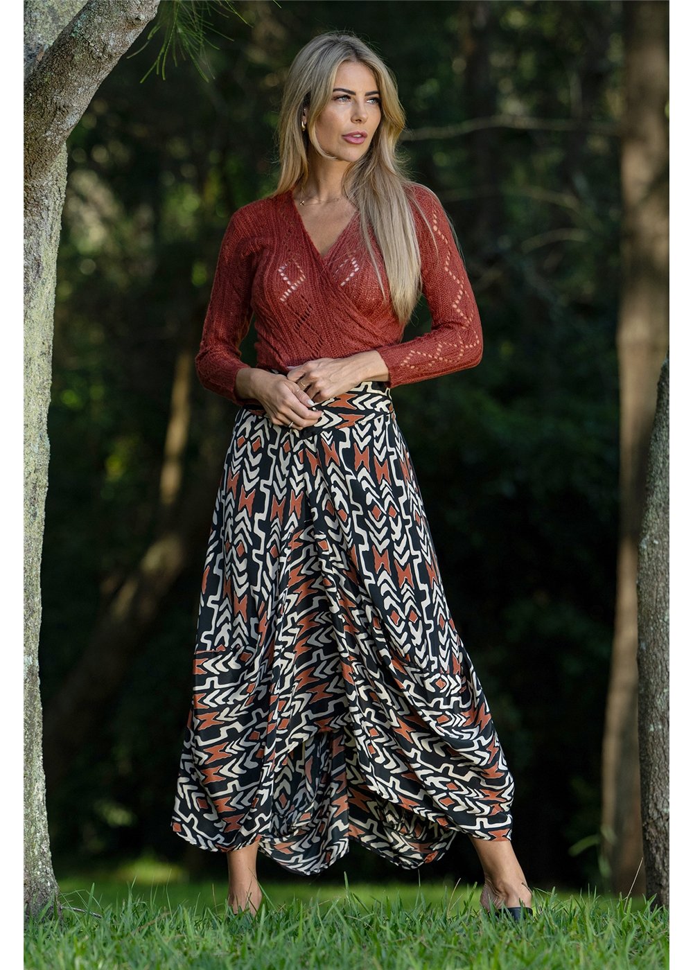 Cienna Designs Myee Eshe Skirt in graphic tribal print, bold black terracotta and ivory contrast, silk-polyester — Myee Eshe Skirt by Cienna Designs