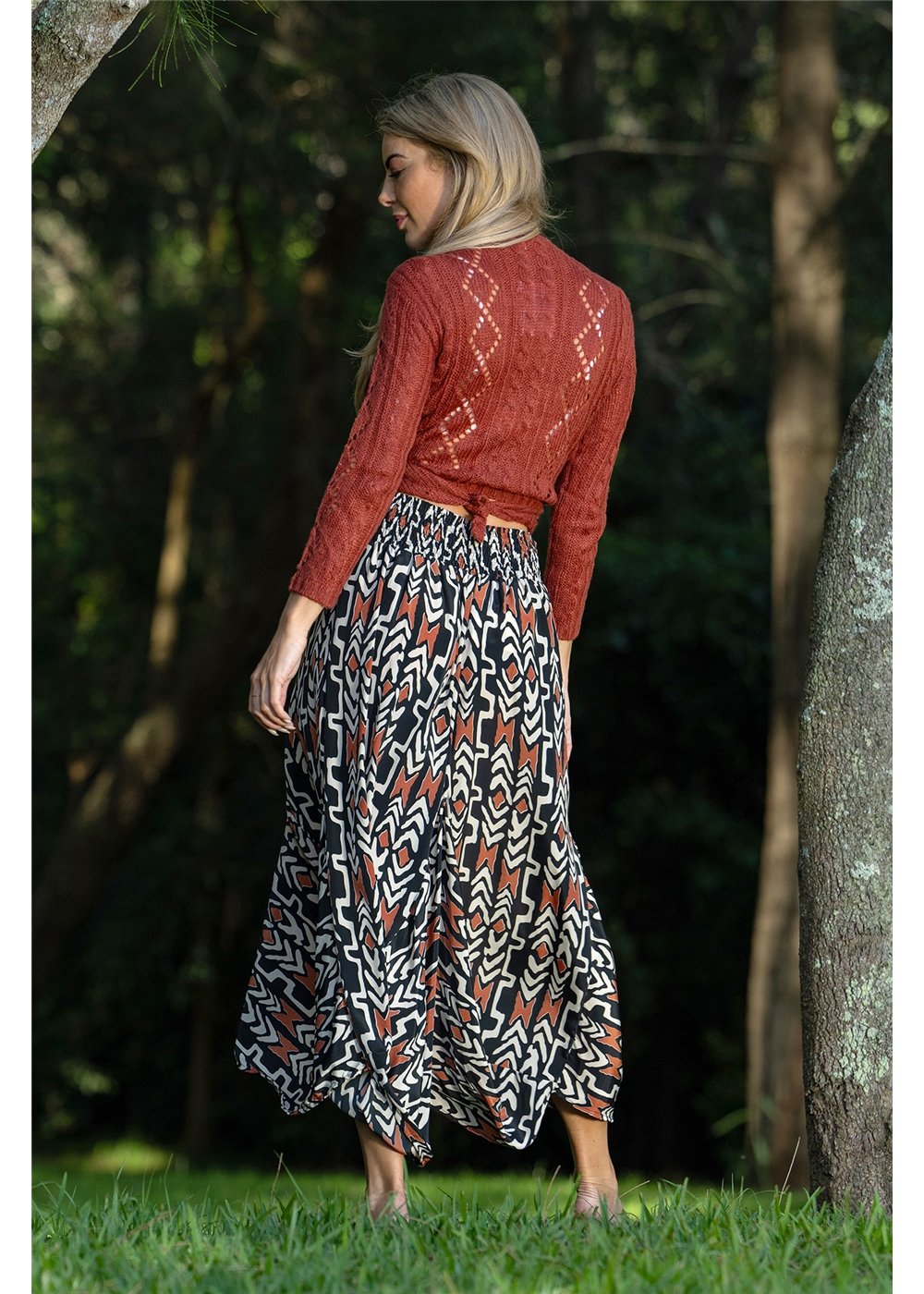 Myee Eshe Skirt in black terracotta and ivory tribal print, flowing silhouette in silk-polyester — Cienna Designs