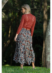 Myee Eshe Skirt in black terracotta and ivory tribal print, flowing silhouette in silk-polyester — Cienna Designs