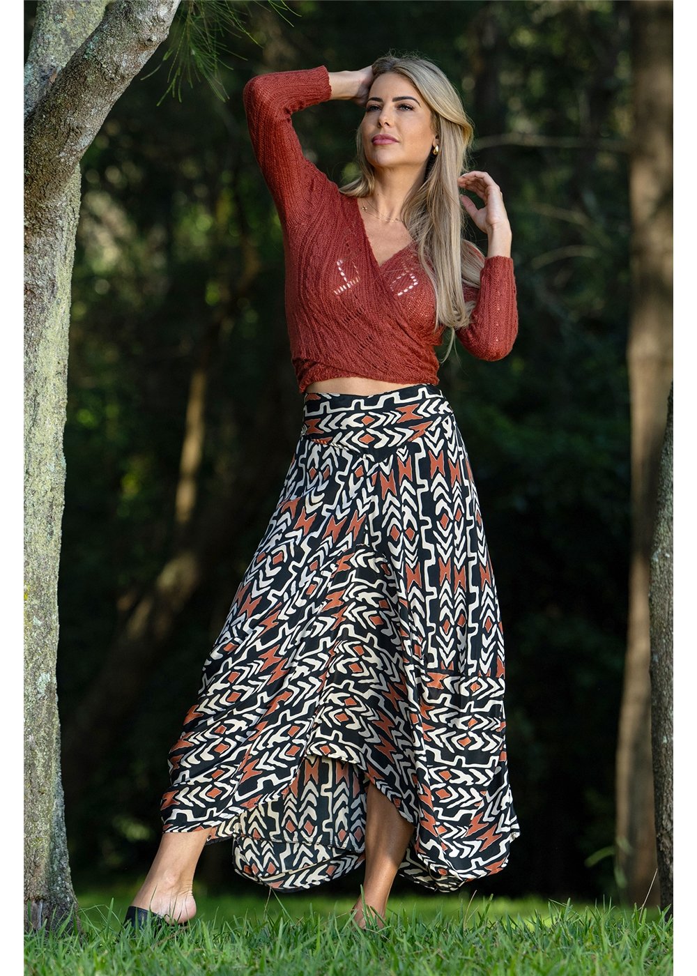 Myee Eshe Skirt graphic tribal print styled with Myee collection tops, black terracotta and ivory — Cienna Designs
