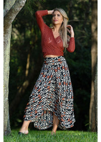 Myee Eshe Skirt graphic tribal print styled with Myee collection tops, black terracotta and ivory — Cienna Designs