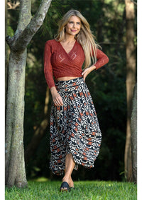 Myee Eshe Skirt in silk-polyester tribal print, side view black terracotta and ivory — Cienna Designs