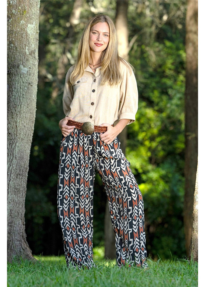 Cienna Designs Myee Hemi Pant in graphic tribal print, bold black terracotta and ivory contrast, silk-polyester — Myee Hemi Pant by Cienna Designs