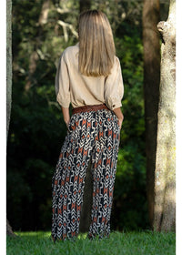 Myee Hemi Pant in black terracotta and ivory tribal print, wide-leg silhouette in silk-polyester — Cienna Designs