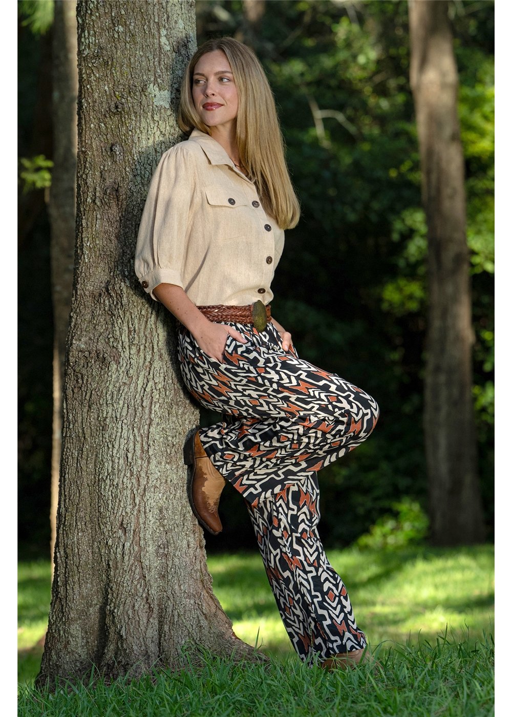 Myee Hemi Pant graphic tribal print styled with Myee Collared Blouse, black terracotta and ivory — Cienna Designs
