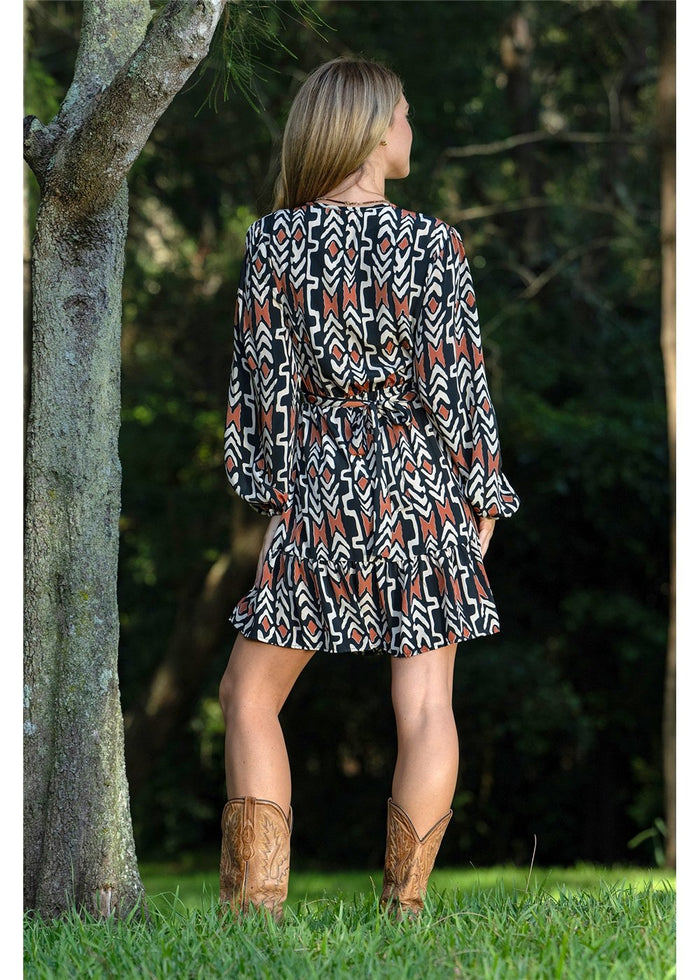 Myee Long Sleeve Short Dress in black terracotta and ivory tribal print, relaxed silhouette silk-polyester — Cienna Designs