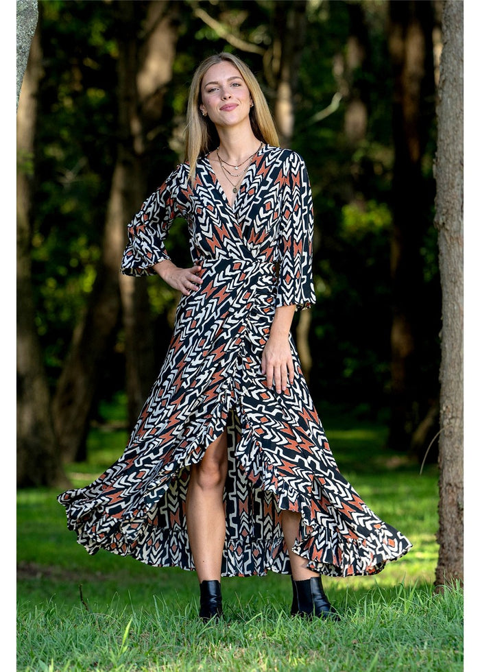 Cienna Designs Myee Long Sleeve Wrap Dress in graphic tribal print, bold black terracotta and ivory, silk-polyester — Myee Long Sleeve Wrap Dress by Cienna Designs