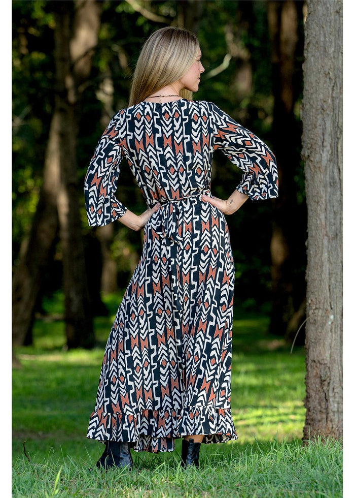 Myee Long Sleeve Wrap Dress in black terracotta and ivory tribal print, wrap front flowing hem — Cienna Designs