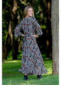 Myee Long Sleeve Wrap Dress graphic tribal print styled for day or evening, black terracotta and ivory — Cienna Designs