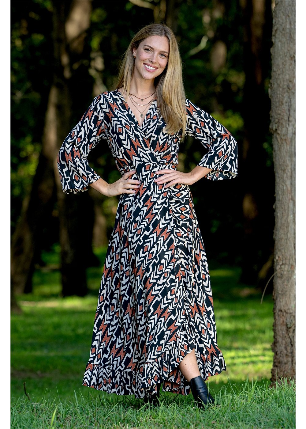 Myee Long Sleeve Wrap Dress in silk-polyester tribal print, back view black terracotta and ivory — Cienna Designs