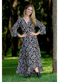 Myee Long Sleeve Wrap Dress in silk-polyester tribal print, back view black terracotta and ivory — Cienna Designs