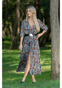 Cienna Designs Myee Split Dress in graphic tribal print, bold black terracotta and ivory contrast, silk-polyester — Myee Split Dress by Cienna Designs