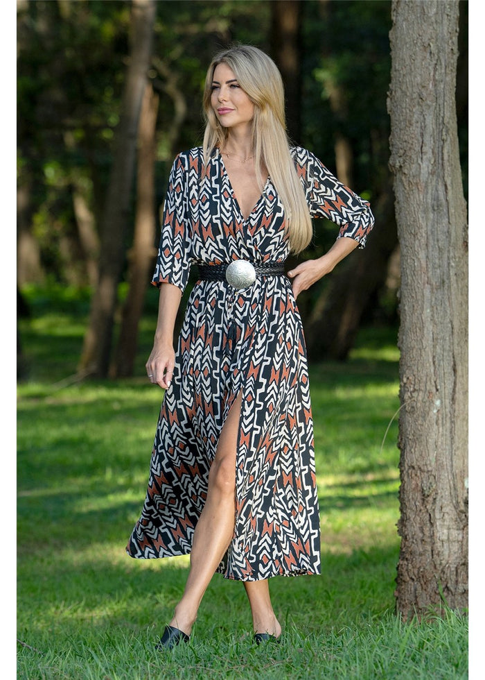 Cienna Designs Myee Split Dress in graphic tribal print, bold black terracotta and ivory contrast, silk-polyester — Myee Split Dress by Cienna Designs