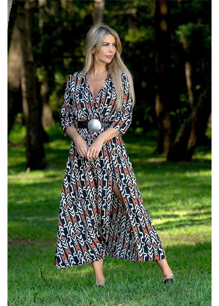 Myee Split Dress in black terracotta and ivory tribal print, front split detail in silk-polyester — Cienna Designs