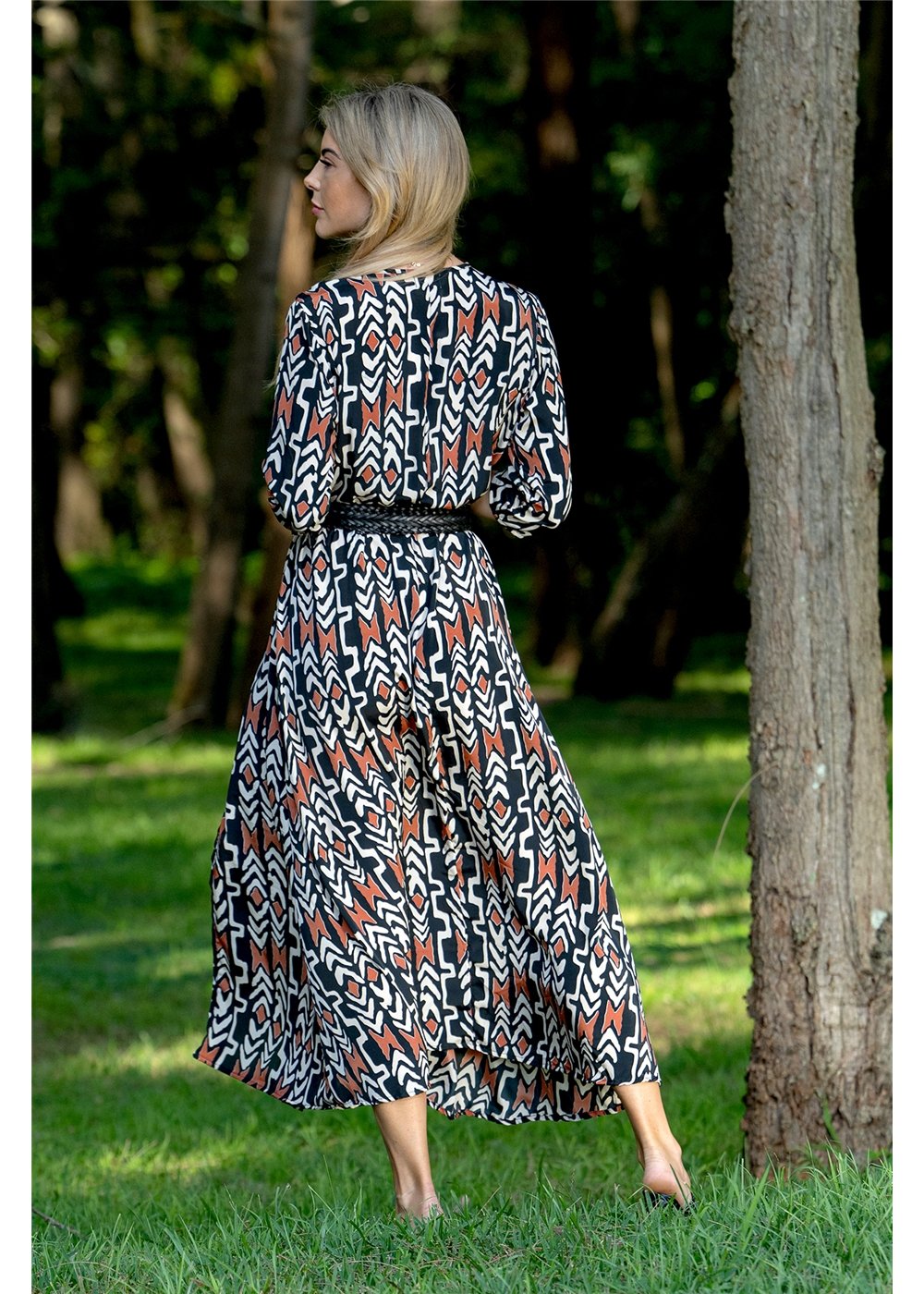 Myee Split Dress graphic tribal print styled for day or evening in black terracotta and ivory — Cienna Designs