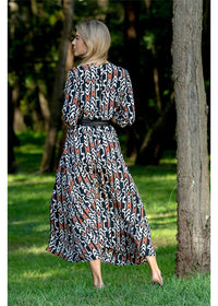 Myee Split Dress graphic tribal print styled for day or evening in black terracotta and ivory — Cienna Designs