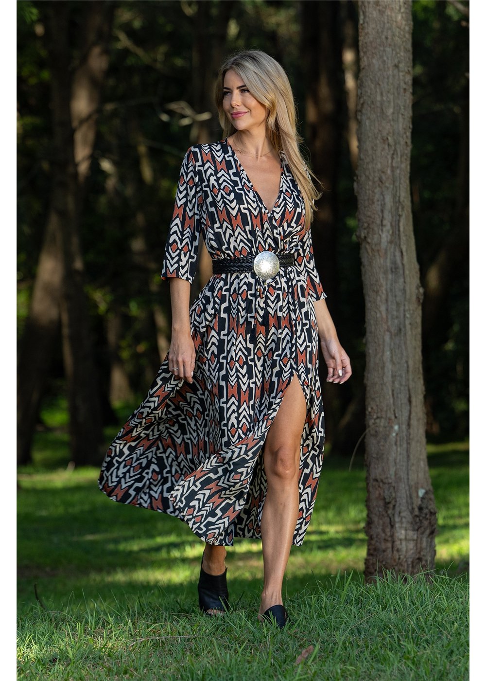 Myee Split Dress in silk-polyester tribal print, back view black terracotta and ivory — Cienna Designs