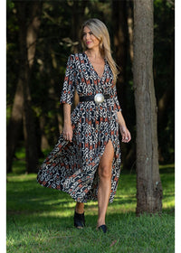 Myee Split Dress in silk-polyester tribal print, back view black terracotta and ivory — Cienna Designs