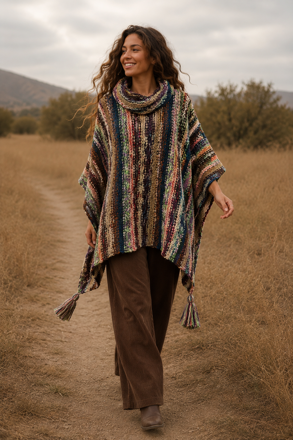 Nia Neon Turtleneck Poncho in vibrant blue and green knit, relaxed poncho silhouette with turtleneck collar - Cienna Designs