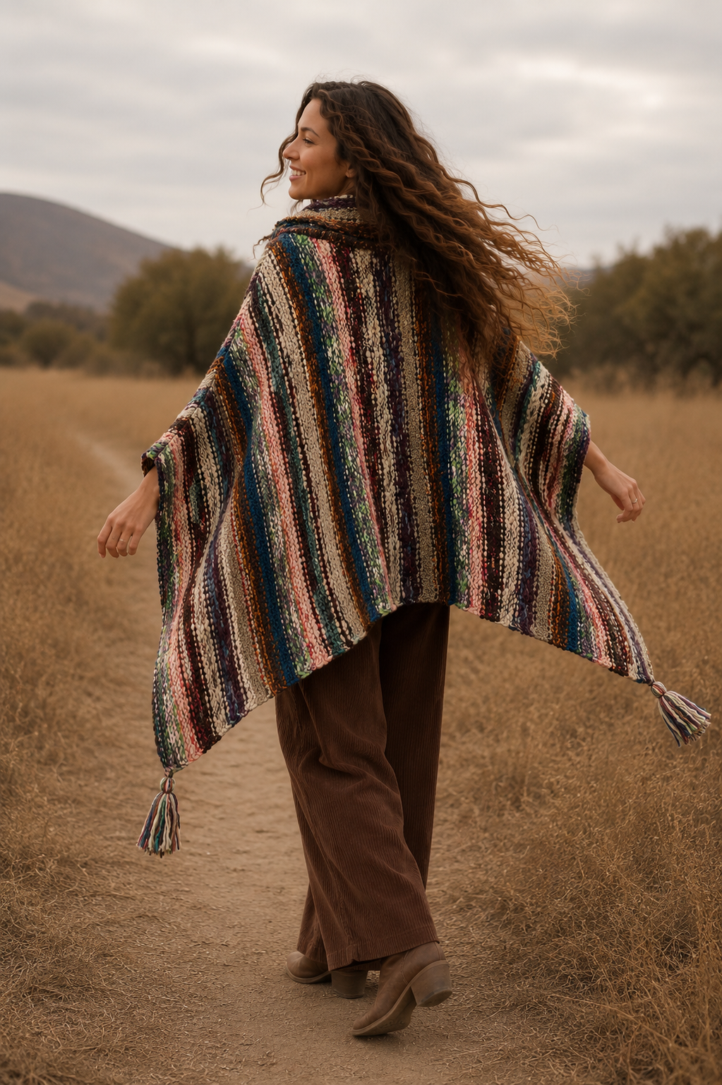 Nia Neon Turtleneck Poncho back view in vibrant blue and green knit - Cienna Designs