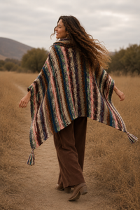 Nia Neon Turtleneck Poncho back view in vibrant blue and green knit - Cienna Designs