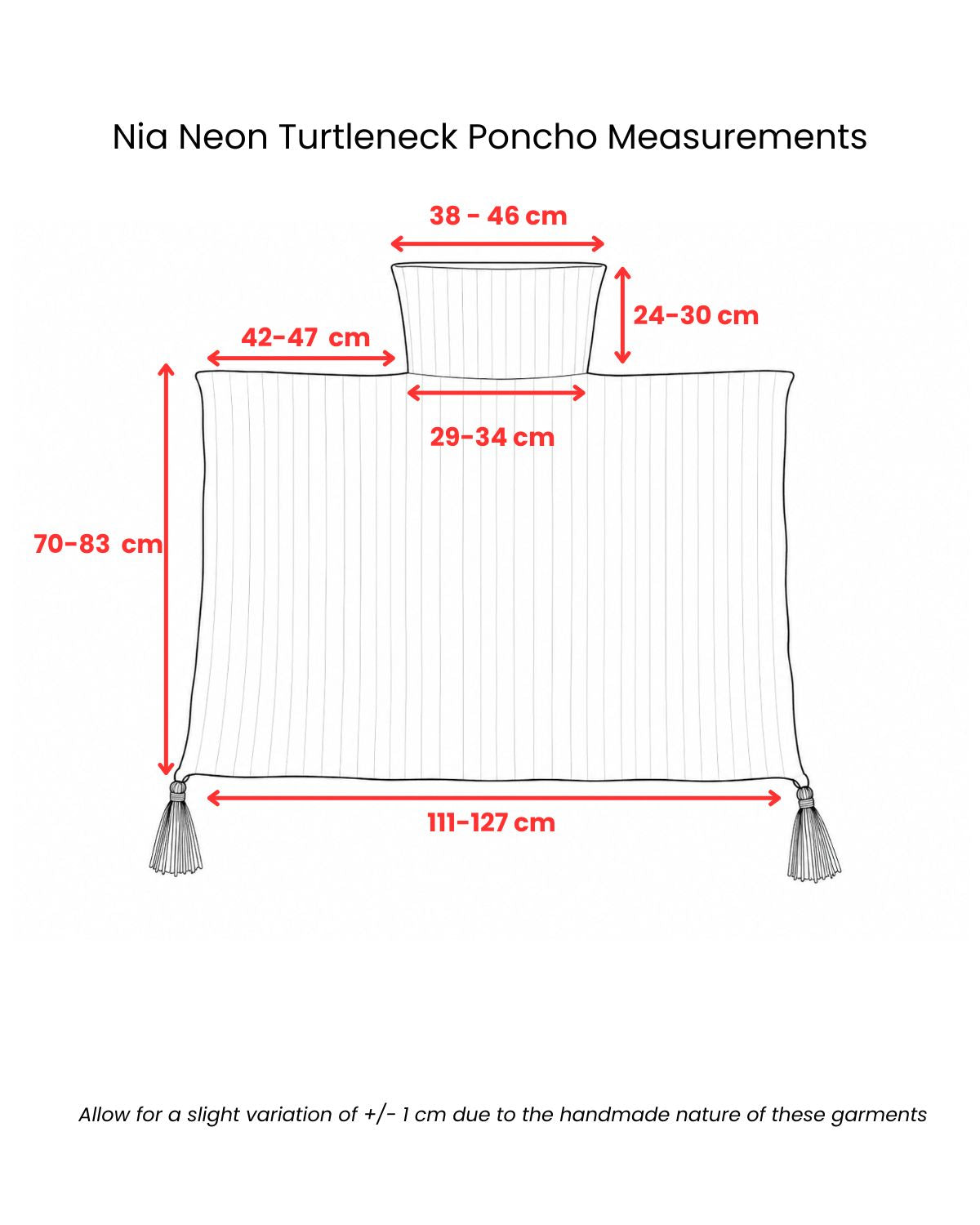 Nia Neon Turtleneck Poncho measurement diagram showing dimensions - Cienna Designs