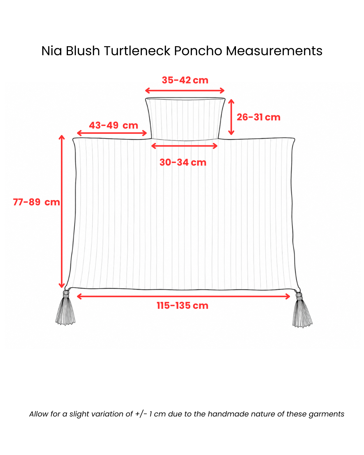 Nia Blush Turtleneck Poncho measurement diagram showing dimensions - Cienna Designs