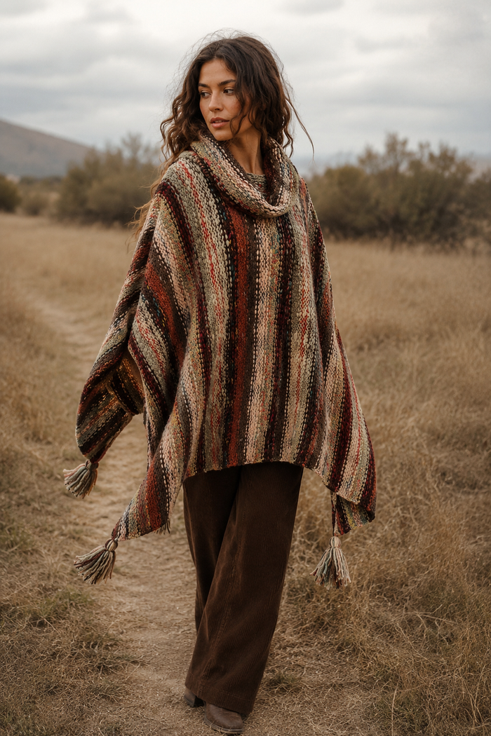 Nia Cream Turtleneck Poncho in soft taupe cream knit, relaxed poncho silhouette with cosy turtleneck collar - Cienna Designs
