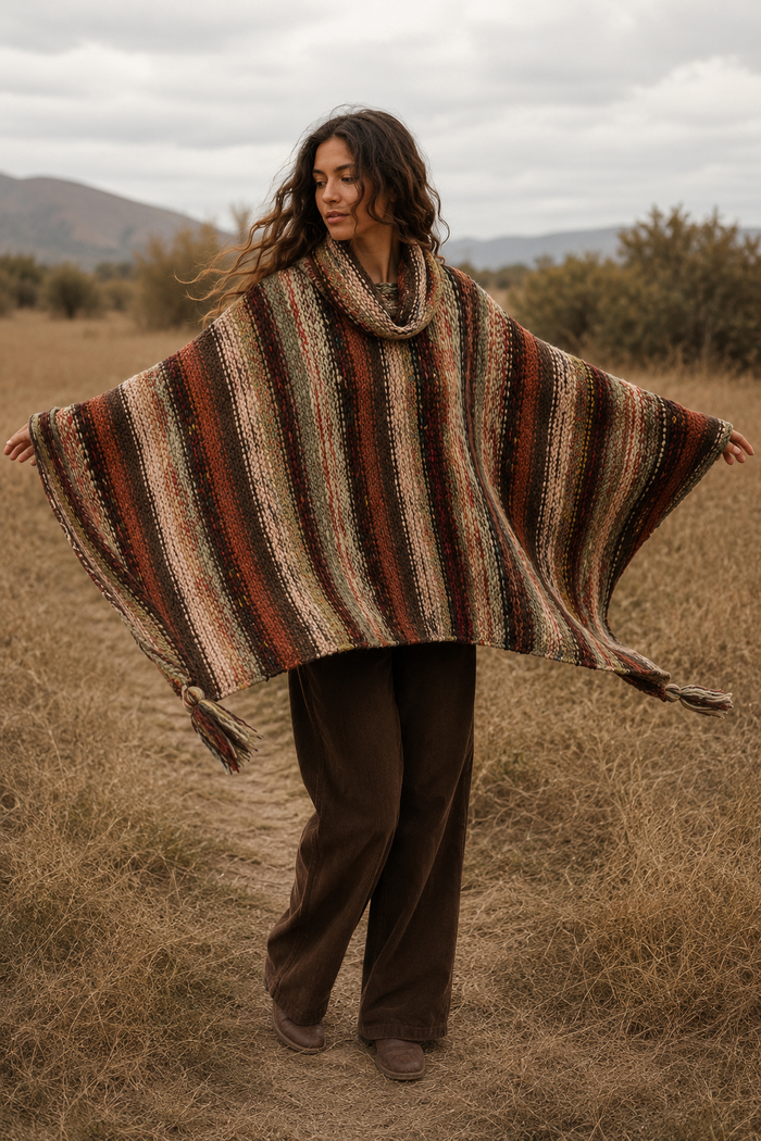 Nia Cream Turtleneck Poncho back view in soft taupe cream knit - Cienna Designs
