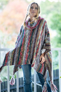 Nia Woodland Turtleneck Poncho in red and green woodland tones knit, relaxed poncho silhouette with turtleneck collar - Cienna Designs
