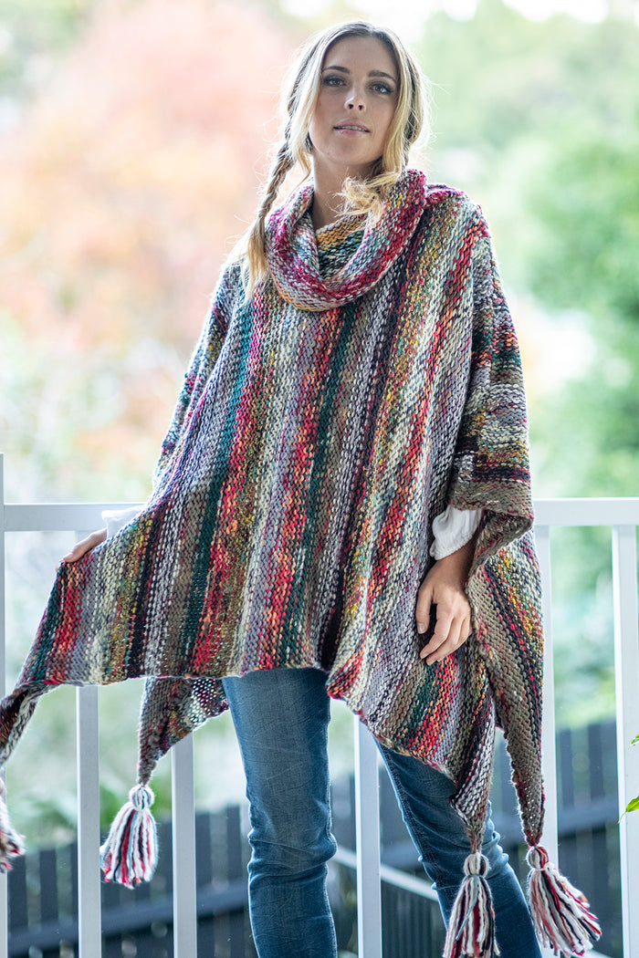 Nia Woodland Turtleneck Poncho in red and green woodland tones knit, relaxed poncho silhouette with turtleneck collar - Cienna Designs