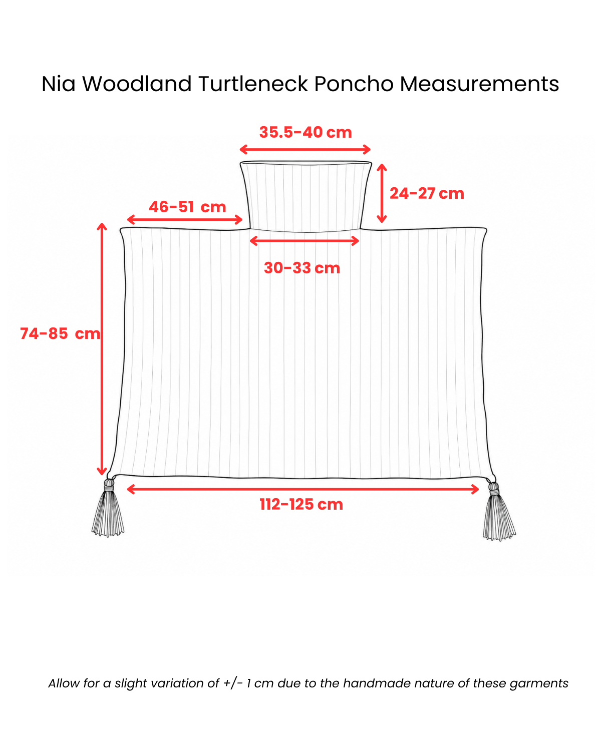 Nia Woodland Turtleneck Poncho measurement diagram showing dimensions - Cienna Designs