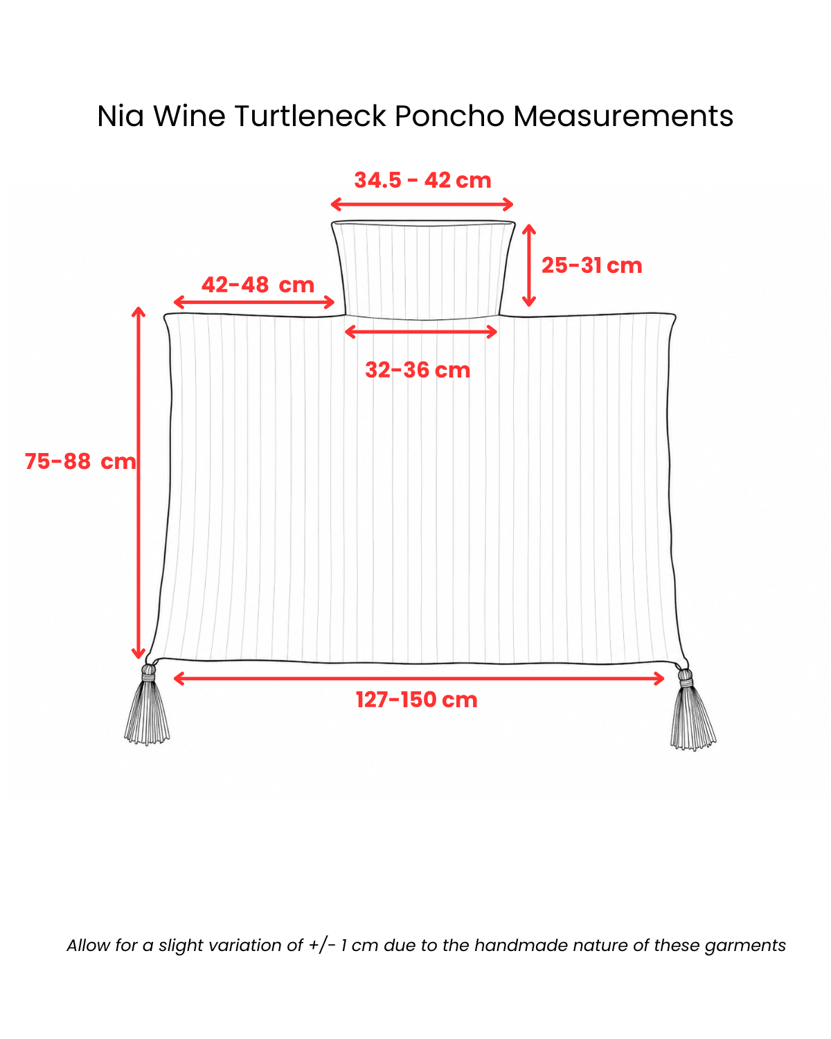 Nia Wine Turtleneck Poncho measurement diagram showing dimensions - Cienna Designs