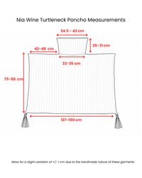 Nia Wine Turtleneck Poncho measurement diagram showing dimensions - Cienna Designs