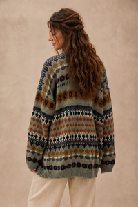 Nordic Grey Cardigan back view in sage grey-green fair isle knit showing drop shoulder and gently curved hem detail - Cienna Designs