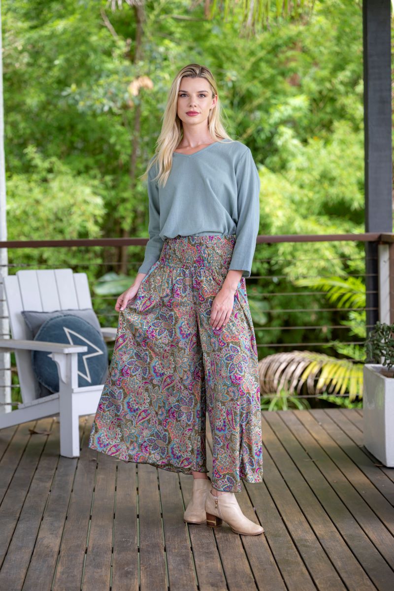 Olive Wide Leg Pants in silk blend, view 2