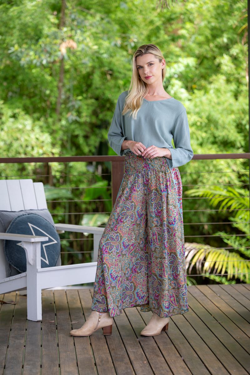 Olive Wide Leg Pants in silk blend, view 3
