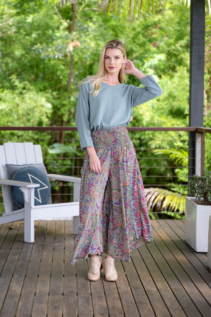 Olive Wide Leg Pants in silk blend, view 4
