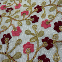 Close-up of raw silk floral embroidery with coral pink and deep burgundy blooms, gold metallic leaf and gold zari rope vines with sequin centres - Festival Jacket Peach by Cienna Designs